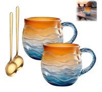 WHFSPFF 2PCS Golden Tide Mug, Handcrafted Ocean Wave Coffee Mugs, 12oz/300ml Sea Glass Sunset Cups for Tea Wine Ice Drink, for Ocean Beach Surf Lovers