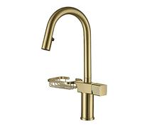 WHGURVH Kitchen Faucet with Pull Down Sprayer Kitchen Sink Faucet Brass High Arc Rotating Kitchen Tap Single Handle Hot and Cold Water Kitchen Mixer Tap with Removable Soap Dish,Gun Gray(Brushed Gold)