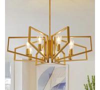 WHGURVH Modern 8-Light Geometric Chandelier Adjustable Height Metal Pendant Light with Black Frame & Golden Accents Ceiling Light Decor(Gold)