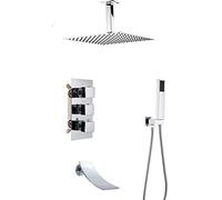 WHGURVH Thermostatic Shower System with Waterfall Tub Spout, Chrome Shower Faucets Sets Complete with Square Showerhead and Handhled-Eco-Friendly,Ceiling 12inch(Ceiling 16inch)