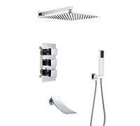WHGURVH Thermostatic Shower System with Waterfall Tub Spout, Chrome Shower Faucets Sets Complete with Square Showerhead and Handhled-Eco-Friendly,Ceiling 12inch(Wall Mounted 10inch)