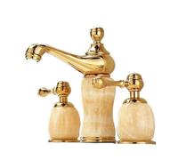 WHGURVH VELORE Luxury 3-Hole Widespread Bathroom Basin Faucet: Gold & Marble Finish, Dual Lever Hot/Cold Mixer Tap for Shower Room Sink Lavatory(E)(E)