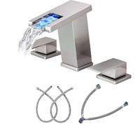 WHGURVH VELORE Matte Black LED Waterfall 3-Hole Basin Faucet, Dual-Handle Mixer Tap with RGB Color Changing Lights for Modern Bathrooms(C)(B)