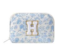 WHHJM Initial Dome Cosmetic Makeup Bag Small Cotton Quilted Makeup Pouch for Purse Cute Blue Floral Travel Toiletry Zipper Pouch, Blue Floral H