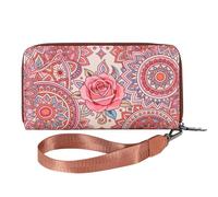 WHHMK Large Wallets for Women,Rfid Wallets for Women,Boho Aztec Ladies Wallet with Wrist Strap Capable of fit Coins Passport, Pink Rose, Women Wristlet Wallet