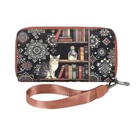 WHHMK Large Wallets for Women,Rfid Wallets for Women,Boho Aztec Ladies Wallet with Wrist Strap Capable of fit Coins Passport, Bookshelves Cat, Gothic