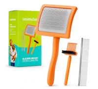 WhiffleTails Slicker Brush for Doodles & Poodles, 3 Piece Dog Grooming Set | Long 2cm pins reach thick curly coats; includes dual-width steel comb and a cleaning brush to clear hair from the pins