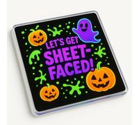 Whimsical Acrylic Coaster Gift - Neon Cartoon Halloween Design with Pumpkins and Ghosts for Party Lovers