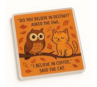 Whimsical Acrylic Coaster Gift - Playful Owl and Cat Illustration with Autumn Leaves - Unique Desk Accessory Present