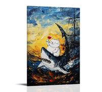 Whimsical Animal Wall Art, Classic Renaissance Fat Cat Riding Shark Motif, Funny Cats Vs Shark Retro Painting, Playful Humor Style, Hanging Paintings Poster for Daily Indoor Household Decoration 12x1