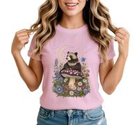 Whimsical Bear Mushroom Animals Womens Graphic T-Shirt Forest Nature Tee Medium Light Pink