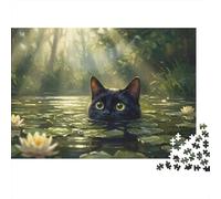 Whimsical Black Cat Peeking from Water Lily Pond - Impressionistic Digital Art 1000-Piece Jigsaw Puzzle for Adults, 38x26cm/1000pcs, Relaxing Indoor Activity, Focused Puzzle Time And Time at Home