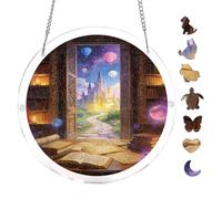 Whimsical Book Room Starry Castle Path 7.8x7.8Inch Acrylic Hanging Puzzle Suncatcher, Crystal Window Decor Wall Art Ornament, Home Decoration Gift
