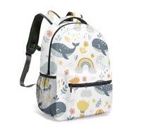 Whimsical Cartoon Whale & Rainbow All Over Print Backpack, 16 Inch Dreamy Pastel Illustration Travel Daypack (01)