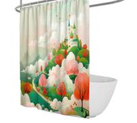 Whimsical Castle Landscape Shower Curtain Pastel Hills Scene Bath Curtain Fairytale Style Village Bathtub Curtains for Nursery Bathroom 120 x 200 cm