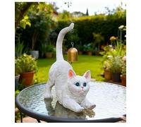 Whimsical Cat Figurine Designed in Stretching Form with Bell Sound Element for Indoor Outdoor Decor on Porch Balcony or Room (White)