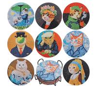 Whimsical Cat Masterpieces Diamond Art Painting Coasters Kits for Adult, 8Pcs DIY Crafts Non Slip Coaster Pads with Holder, Featuring Famous Art with Cats, Vibrant Resin Gems, Heat Resistant Drink Mat