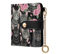Whimsical Cat Rose Black Women's RFID Blocking Wallet, Soft PU Leather Compact Card Holder with Coin Pocket