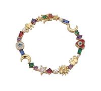 Whimsical Celestial Charm Bracelet - Multi-Color Crystal Sun & Moon Link Chain, Evil Eye Star Moon Charm Bracelet, for Women (1PC)