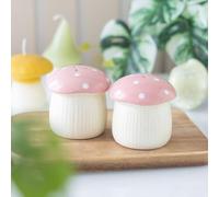 Whimsical Ceramic Mushroom Salt and Pepper Shakers Set, Pink and White, Polka Dot Design, Kitchen Table Decor, 2 Piece
