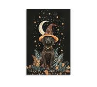 Whimsical Chocolate Labrador Dog Witch Halloween Fall Pet Wall Art Paintings Canvas Prints Poster Artwork for Living Room Bedroom Bathroom Office Home Decor 20x30inch(50x75cm)