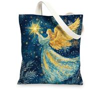 Whimsical Christmas Angel Canvas Tote Bag for Shopping 13x15, Magic Xmas Snow Scenic Reusable Grocery Print Bag for Women, Holiday New Year Aesthetic Painting Gift Decor