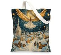 Whimsical Christmas Angel Canvas Tote Bag for Shopping 13x15, Magic Xmas Snow Winter Reusable Grocery Print Bag for Women, Holiday New Year Aesthetic Painting Gift Decor