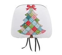Whimsical Christmas Tree Patchwork Quilt Fabric Printed Car Headrest Cover,2 Pieces, Elastic Comfort Head Rest Cover for Women Men, Universal Fits Most Cars Van SUV Truck, Car Interior Decor Accessori
