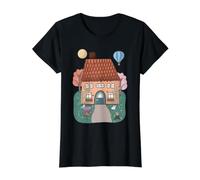 Whimsical Cottage in The Woods with Bird and Rabbit Value Graphic T-Shirt, Women, Black, M