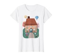Whimsical Cottage in The Woods with Bird and Rabbit Value Graphic T-Shirt, Women, White, S