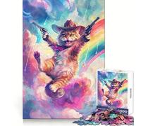 Whimsical Cowboy Cat Guns 1000 Piece Jigsaw Puzzle for Teenagers Logic Ability Mind Calming Fun Secure Join Great Gift (38x26cm)