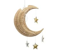 Whimsical Crescent Moon Ceiling Pendant Lighting Shade with Silver and Gold Hanging Stars | Handwoven from Natural Rattan by Happy Homewares