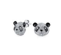 Whimsical Cute Zoo Animal Black White Cubic Zirconia Pave CZ Panda Bear Stud Earrings For Women Teen .925 Sterling Silver