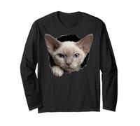 Whimsical Devon Rex Cat Blue Eyes Peeking Through Long Sleeve T-Shirt