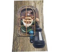 Whimsical Fairy Garden Gnomes with Solar Lights, Elf Out The Door Tree Face Figurines for Patio, Fence, Fence, Wall, Housewarming Gifts, Garden Sculptures Statues