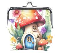 Whimsical Fairy Tale Mushroom House Leather Coin Purse Holder Women Buckle Kiss Lock Change Purse Wallet, Whimsical Fairy Tale Mushroom House, Classic