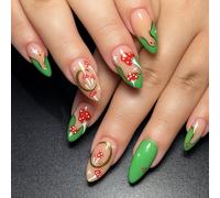 Whimsical Forest Press On Nails Short Almond Shape Square Acrylic French Tip Stickers - Hand-Painted Flower Stick On Fake Nails Kit Halloween Autumn Gothic Cherry Art Design Box 24pcs