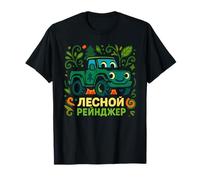 Whimsical Forest Ranger Truck Cartoon Design for Russian T-Shirt