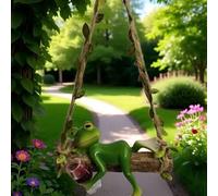 Whimsical Frog Resin Sculpture on Swing for Outdoor Balcony Decor Flower Pot Styling and Fairy Garden Themes (Red Wine)