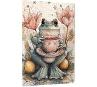 Whimsical Frog Tea Time Wooden Jigsaw Puzzles for Adults Green Frog with Red Star Teacup Orange Flower&Lily Pads Ideal for Spring Decor Family Game Night Gift to Nature Lovers_500pcs