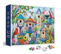 Whimsical Garden Birdhouses 500 Piece Jigsaw Puzzle for Adults, Colorful Spring Floral Yard Scene with Songbirds, Butterflies, White Fence, Bright Painted Houses and Included Poster, 20.5 x 15 in