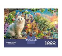 Whimsical Garden Cat 1000 Piece Jigsaw Puzzle White Cat in Magical Forest Village Decorative Paper Puzzle for Wall Art Display, Relaxing Focus Game And Family Fun 52x38cm/1000pcs