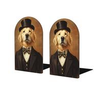 Whimsical Golden Retriever As A Gentleman Bookends For Shelves 2 Pcs Wooden Book Stopper Organizer For Home Office Libraries