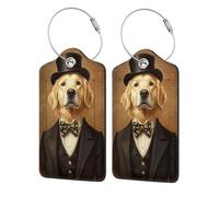 Whimsical Golden Retriever As A Gentleman Luggage Tag for Suitcase 2 Pack Leather Luggage Tag with Privacy Flap Name Id Label and Metal Loop for Women Men Travel