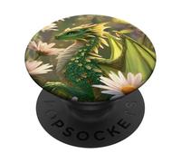 Whimsical Green Dragon Among Daisies Fantasy PopSockets Adhesive PopGrip