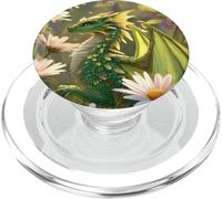 Whimsical Green Dragon Among Daisies Fantasy PopSockets PopGrip for MagSafe