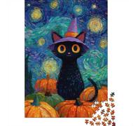 Whimsical Halloween Cat in Van Gogh Style 1000-Piece Jigsaw Puzzle for Adults, 52x38cm/1000pcs, Screen-Free Activity, Relaxing Indoor Time And Quiet Weekends