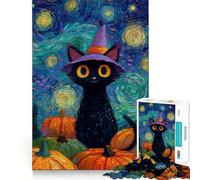 Whimsical Halloween Cat in Van Gogh Style Jigsaw Puzzle 1000 Mental Recall Game High Accuracy Cutting Craft Interactive Brain Challenge for Home (38x52cm)