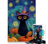 Whimsical Halloween Cat in Van Gogh Style Jigsaw Puzzles for Adults 1000 Mind Boost Game Uniform Size Precise Pieces Travel-friendly Brain Game Gift (50x75cm)
