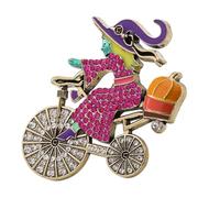 Whimsical Halloween Witch Riding Bicycle Brooch - Rhinestone Crystal Lapel Pin for Men & Women - Great Fall Festival Accessory & Party Favor(Pink)